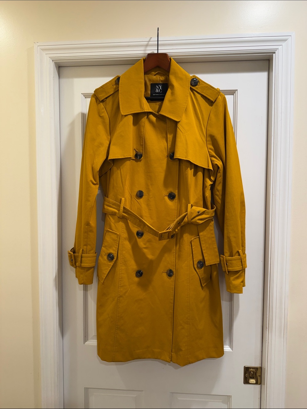 New York & Company Mustard Double-Breasted Trench Coat with Belt